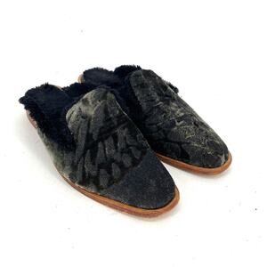 Free People Butterfly Effect Faux Fur Crushed Velvet Mules Green Womens Size 38